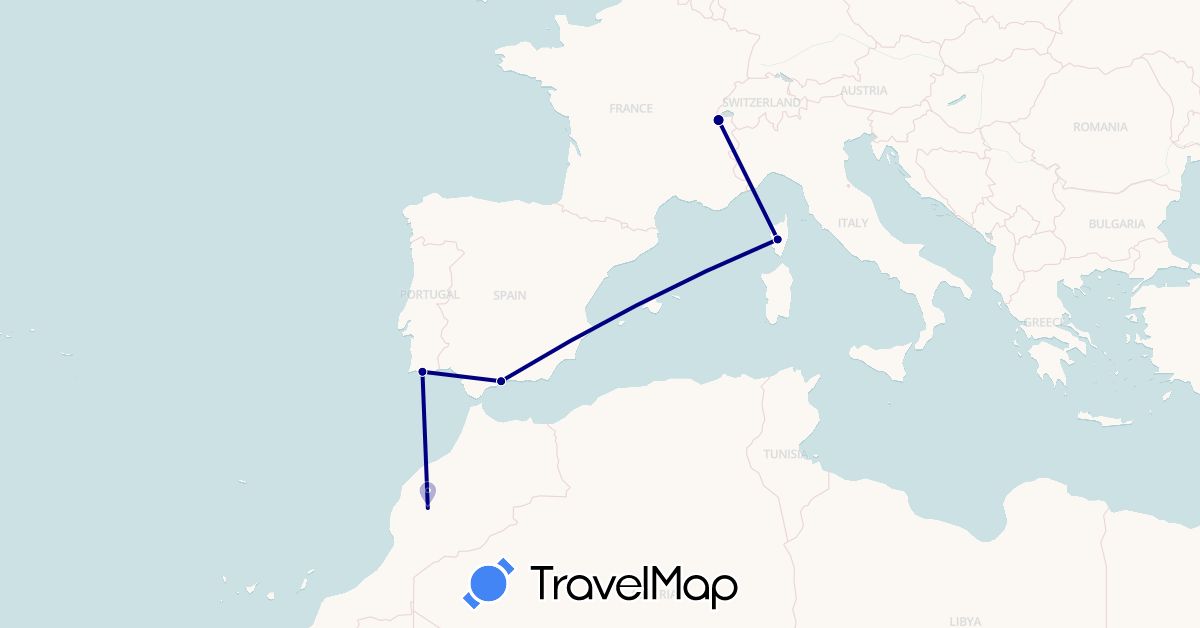 TravelMap itinerary: driving in Switzerland, Spain, France, Morocco, Portugal (Africa, Europe)